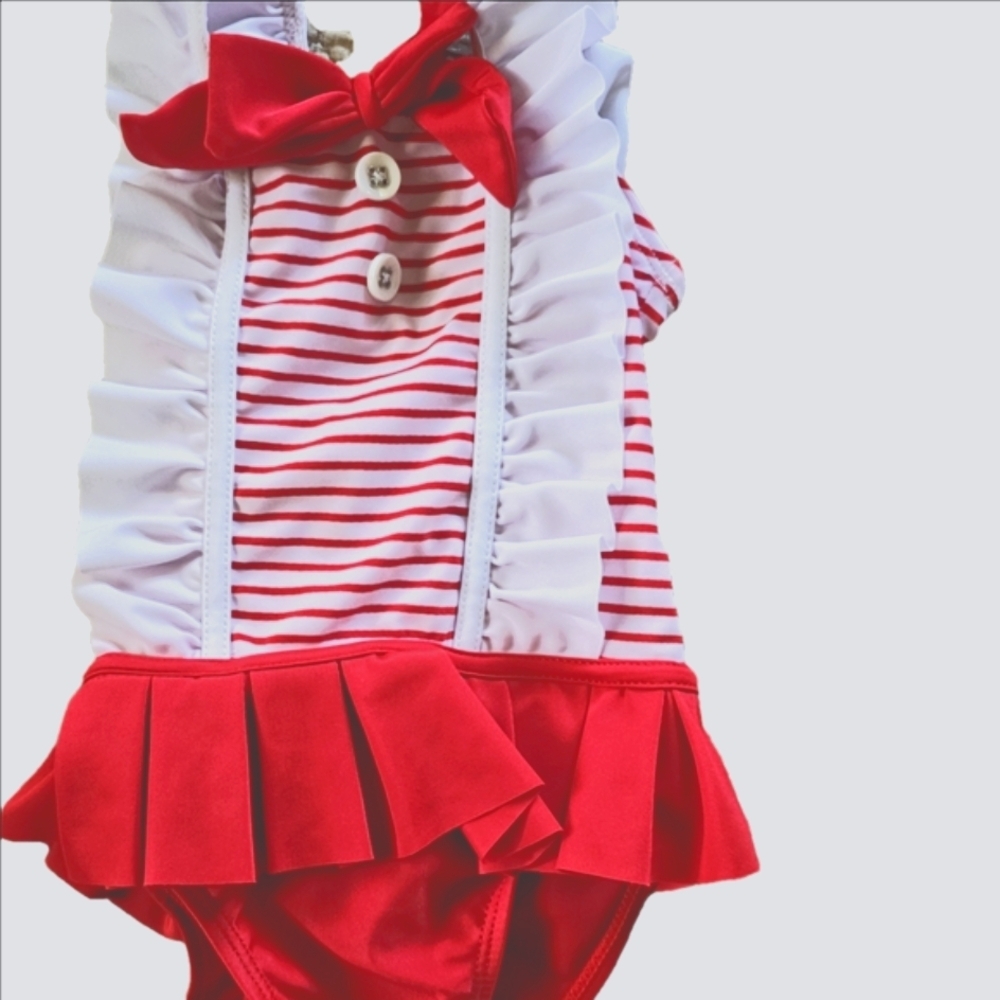 Red and White Striped Ruffle Swimsuit 4t SOL NWT UPF 50